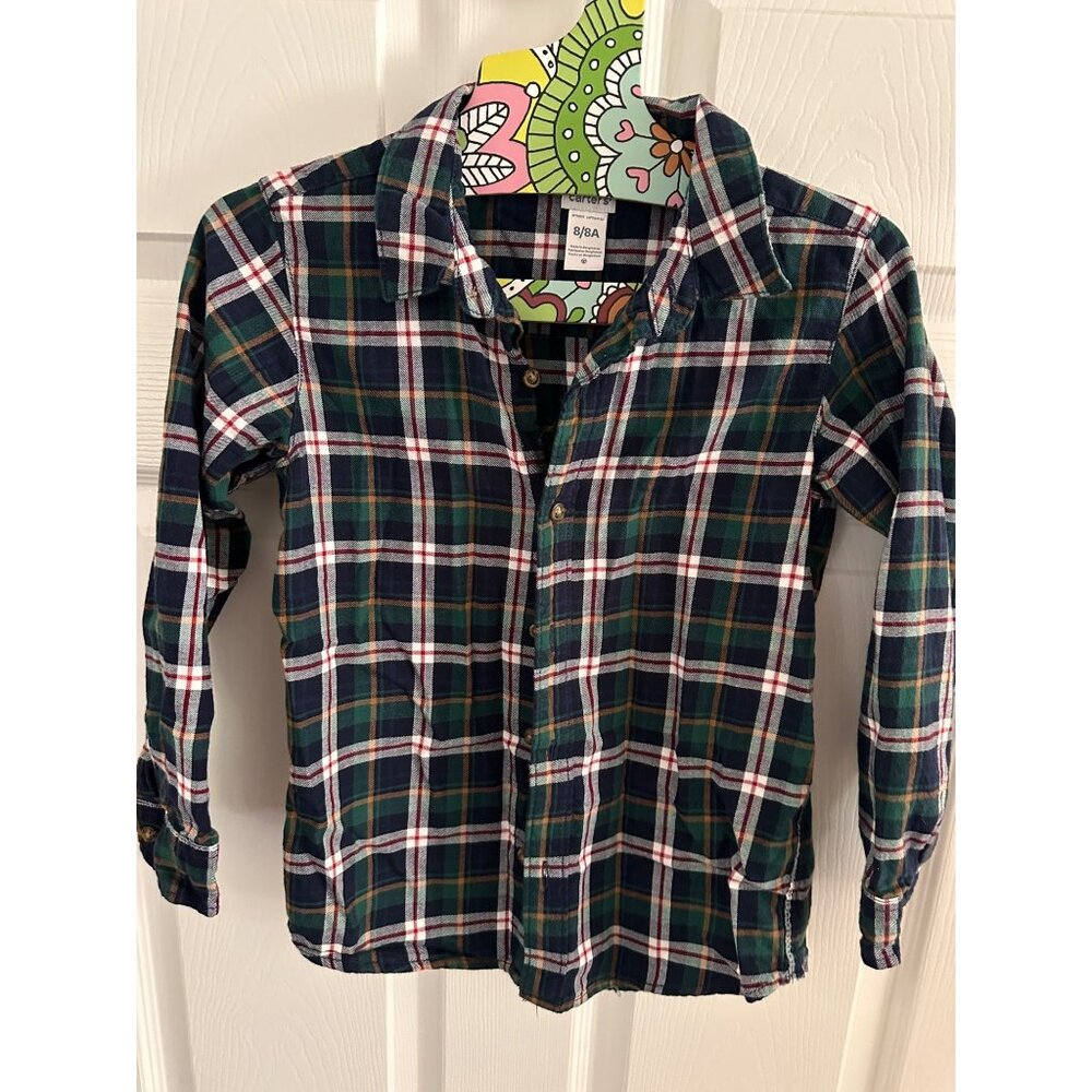 Carter's Classic Green and Red Plaid Button Down Collared Shirt Size 8